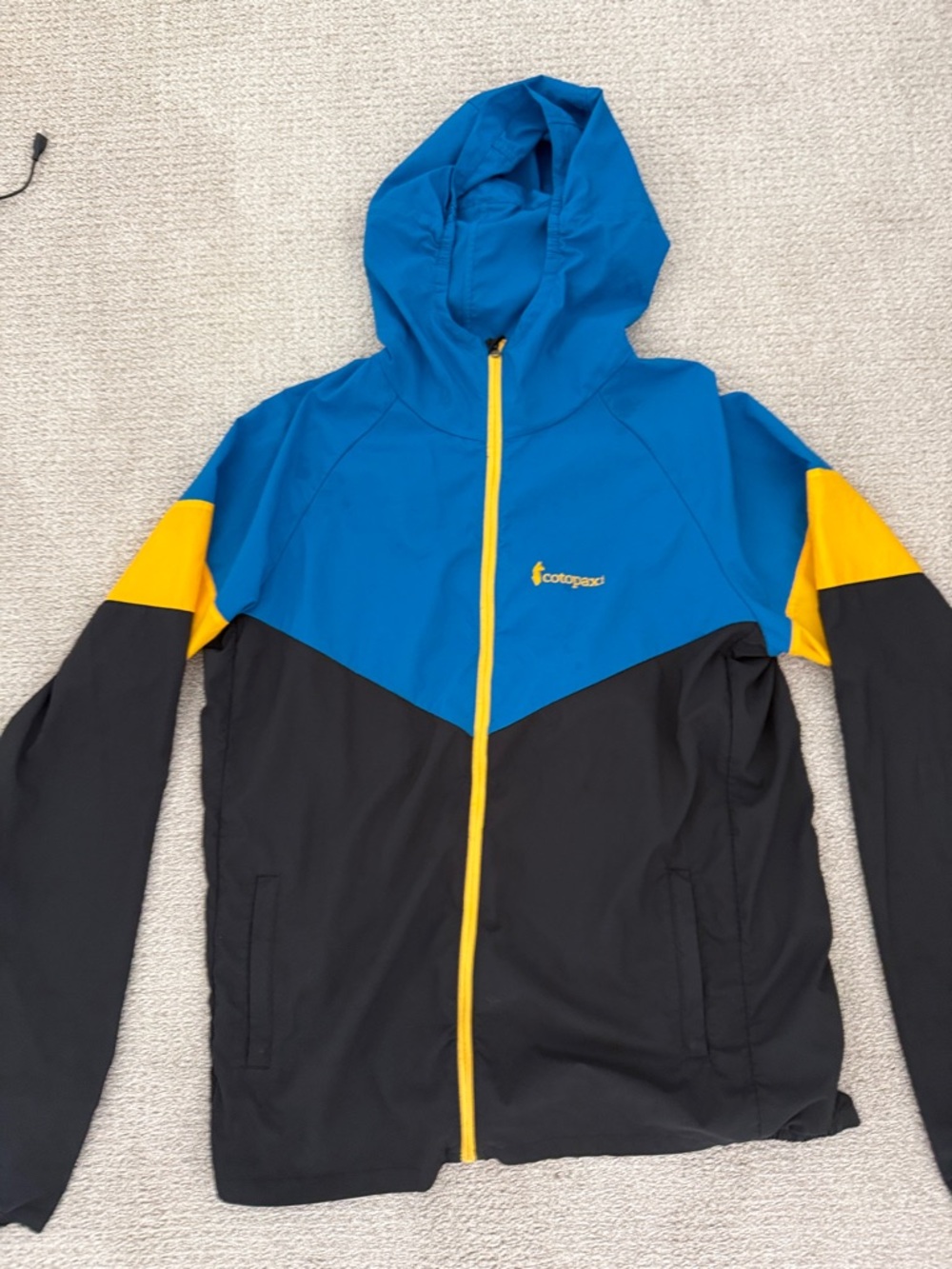 cotopaxi Blue Yellow Black Colorblock Hooded Windbreaker